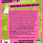 Fließtext: „Heute, knapp 80 Jahre nach Inkrafttreten des Grundgesetzes, wird die Menschenwürde in Deutschland massiv angegriffen. Mit der AfD ist eine rechtsextreme Partei im Bundestag und fast allen Landesparlamenten vertreten. Sie tritt die Würde aller Menschen, die nicht in ihr Weltbild passen, mit Füßen und stellt eine konkrete Gefahr für deren Leben dar. Daher rufen die Kampagne AfD-Verbot Jetzt! und Aufstehen gegen Rassismus gemeinsam mit über 70 Bündnissen am 23.05.2026, dem Tag des Grundgesetzes, zu deutschlandweiten Aktionen auf. Gemeinsam stehen wir für die Würde aller Menschen ein. Fordert mit uns ein AfD-Verbot – jetzt!“ Unten: „ALLE INFOS UNTER AFD-VERBOT.JETZT/DE“.