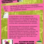 Sharepic mit Infotext zum Aktionstag "Menschenwürde verteidigen!", auch wieder mit den Logos von AfD-Verbot Jetzt! und Aufstehen gegen Rassismus. Art. 1 Abs. 1 GG: Die Würde des Menschen ist unantastbar. Sie zu achten und zu schützen ist Verpflichtung aller staatlichen Gewalt. Knapp 80 Jahre nach Inkrafttreten des Grundgesetzes, wird die Menschenwürde in Deutschland massiv angegriffen. Mit der AfD ist eine rechtsextreme Partei im Bundestag und fast allen Landesparlamenten vertreten. Die Kampagne Menschenwürde verteidigen - AfD-Verbot Jetzt! und Aufstehen gegen Rassismus, gemeinsam mit einem breiten zivilgesellschaftlichen Bündnis, rufen am Tag des Grundgesetzes zu deutschlandweiten Aktionen auf. Gemeinsam stehen wir für die Würde aller Menschen ein. Wir fordern ein AfD-Verbot – jetzt! Alle Infos unter afd-verbot.jetzt/de